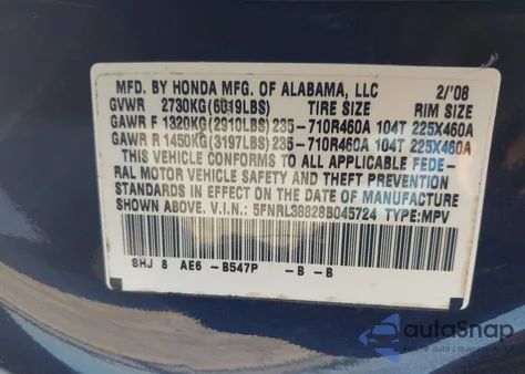 2008 Honda Odyssey Touring z USA, uszkodzony, nr VIN 5FNRL38828B045724